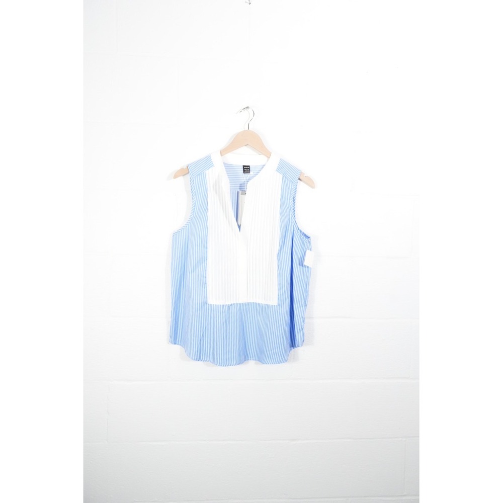 SHEIN Sleeveless Blouse Women‎ Large Blue White Striped Pleated Tuxedo Bib Top